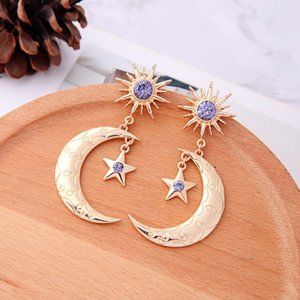 Sun moon & star gold & purple dangle drop earrings